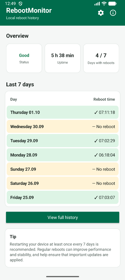 RebootMonitor Android uptime monitor dashboard showing device status, current uptime and the last reboot time