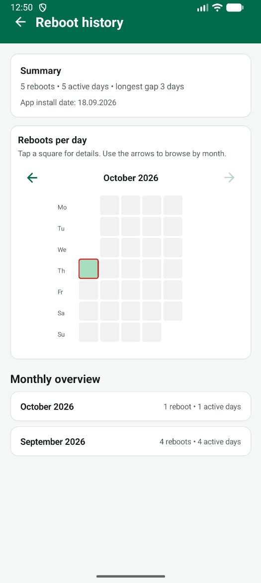 RebootMonitor reboot tracker with reboot history, a monthly heatmap and uptime history overview