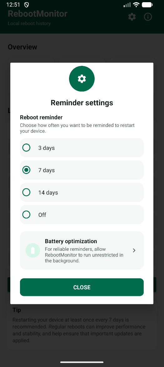 RebootMonitor reboot reminder and restart reminder settings (3, 7 or 14 days, or off) with a battery optimization shortcut, for device reboot monitoring on personal phones, kiosks and Intune-managed fleets