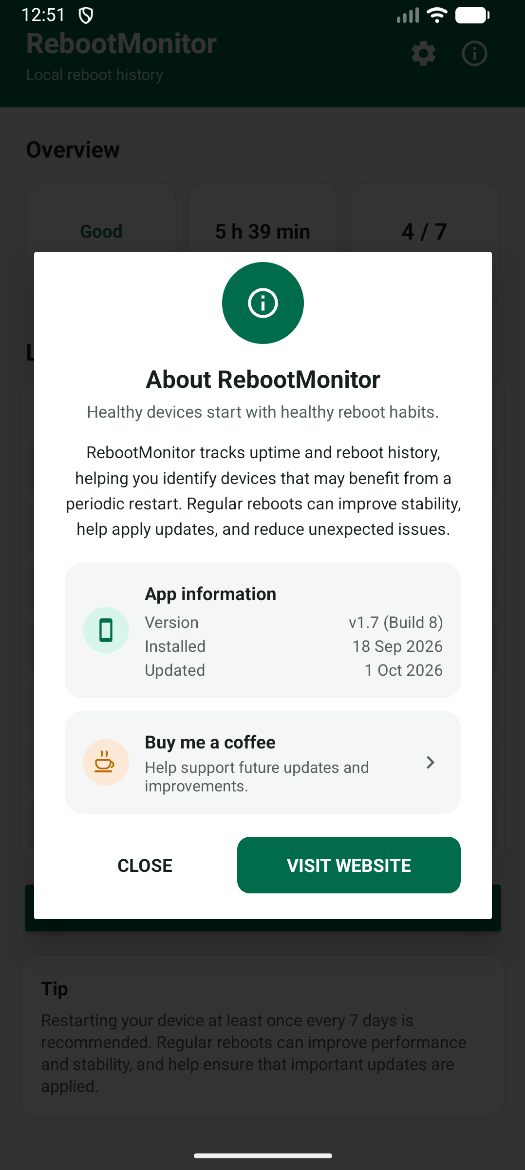 RebootMonitor app information dialog with version, install date and a support link