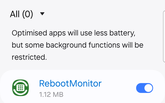 Phone battery settings screen showing RebootMonitor with the optimization switch turned on, meaning it is currently restricted