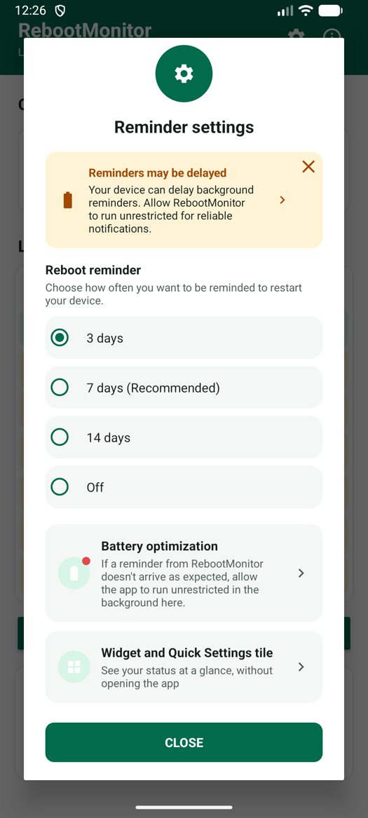 RebootMonitor Reminder settings screen showing the yellow 'Reminders may be delayed' card at the top